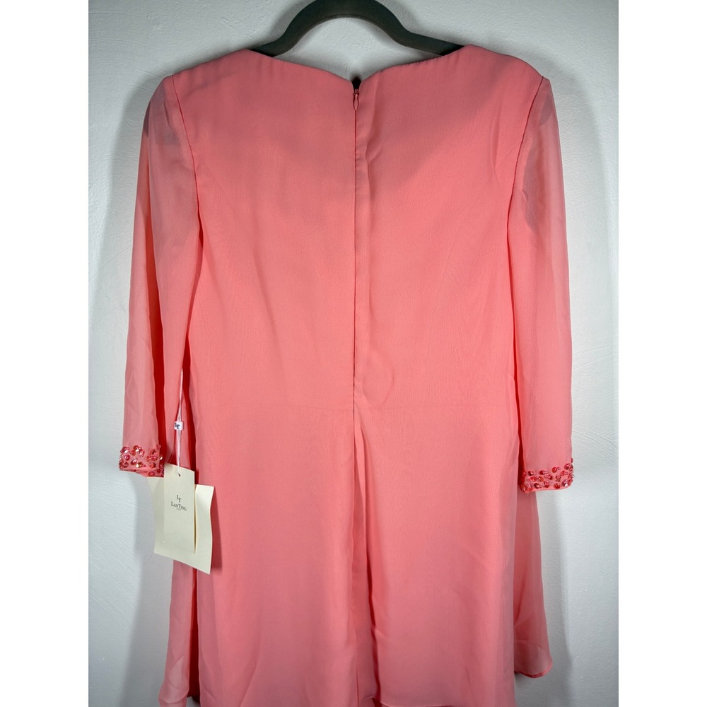 Lanting‎ Beaded Sleeve Chiffon Overlay Sheath Dress Medium Peach Mother of Bride - Picture 12 of 13